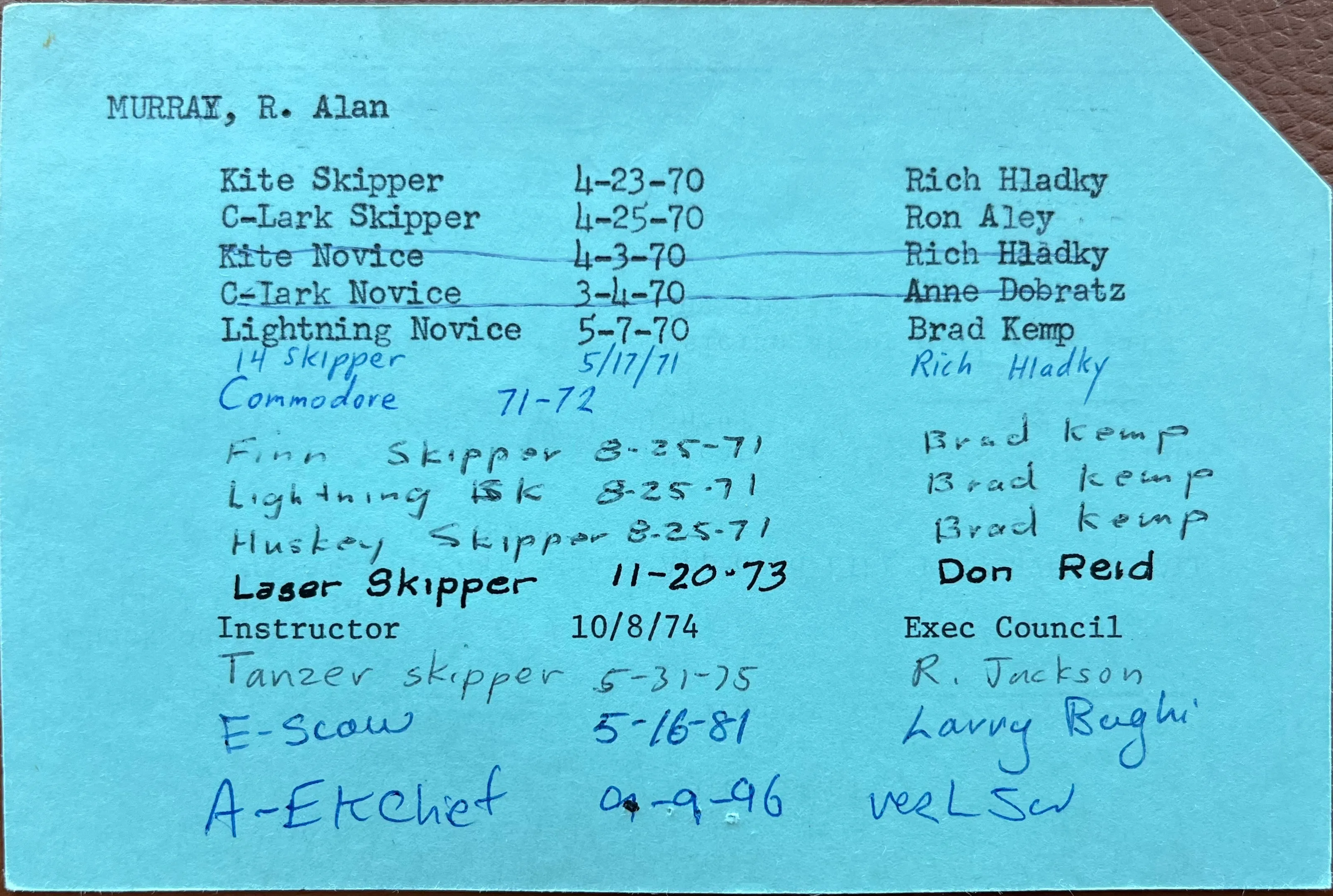 Rating card of former WYC Commodore Alan Murray