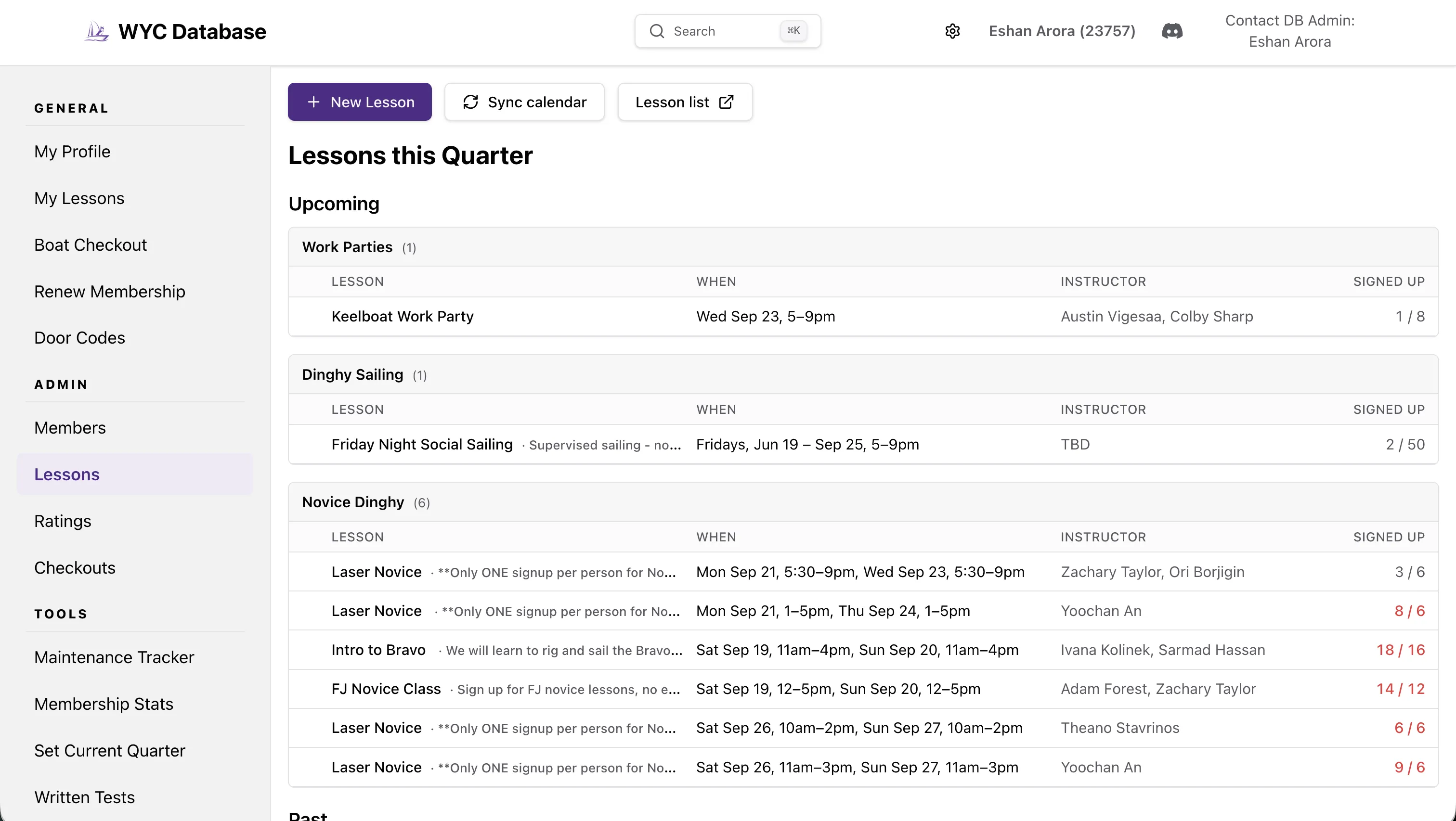 New lessons management page