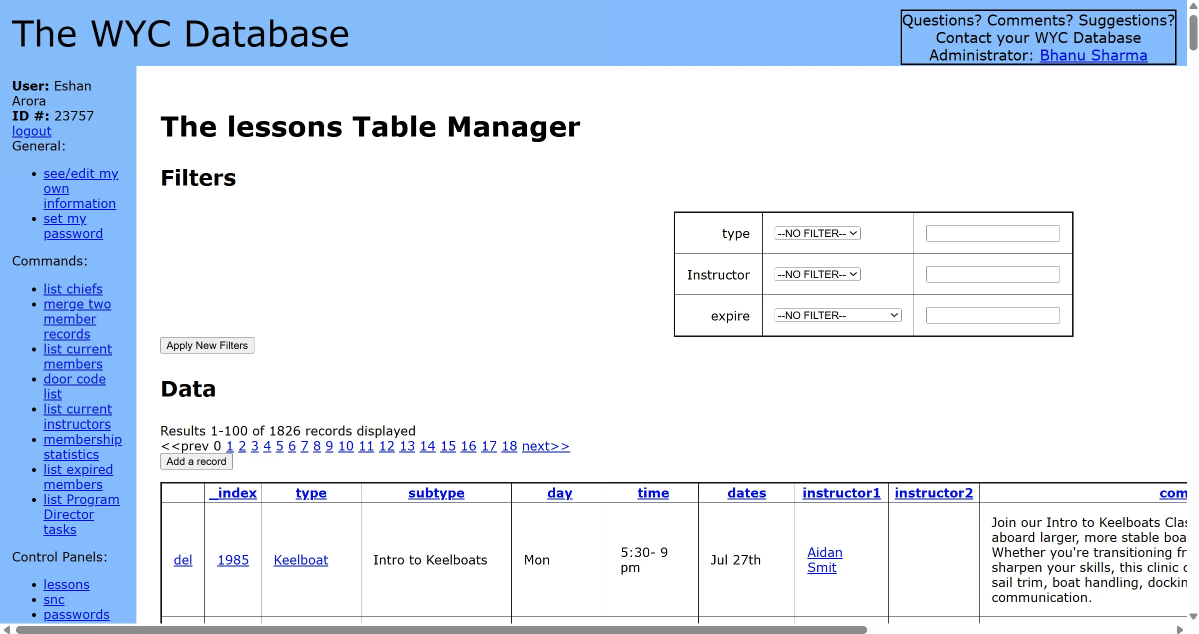 Lessons management page on the old WYC Database